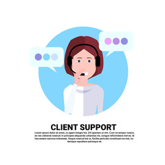 Poster - call center headset agent woman client support online operator, customer and technical service icon, chat concept, copy space flat design vector illustration