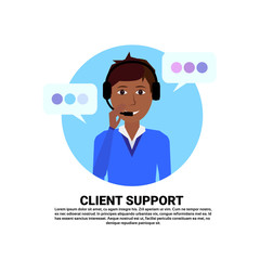 Poster - call center headset agent african woman client support online operator, customer and technical service icon, chat concept, copy space flat design vector illustration