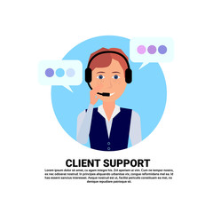 Poster - call center headset agent woman client support online operator, customer and technical service icon, chat concept, copy space flat design vector illustration