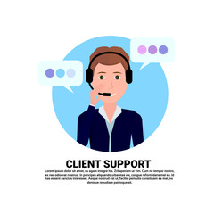 Poster - call center headset agent woman client support online operator, customer and technical service icon, chat concept, copy space flat design vector illustration