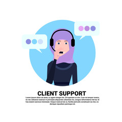 Poster - arab call center headset agent woman client support online operator, muslim customer and technical s