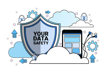 Poster - data safety cloud shield tablet padlock over synchronization General Data Protection Regulation GDPR server security guard on white background flat vector illustration