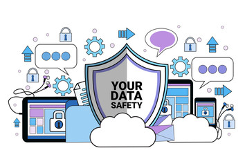 Poster - data safety cloud shield tablet padlock over synchronization General Data Protection Regulation GDPR server security guard on white background flat vector illustration