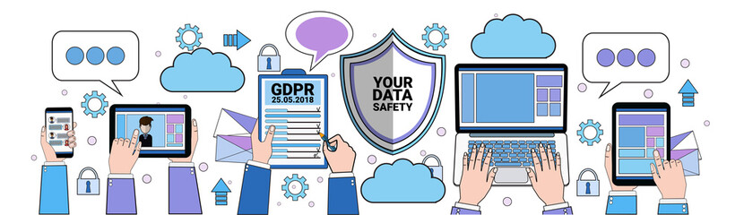 Poster - data safety cloud shield tablet padlock over synchronization General Data Protection Regulation GDPR server security guard on white background banner flat vector illustration