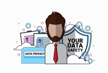 Poster - data safety shield support agent man portrait over synchronization General Data Protection Regulation GDPR server security guard on white background flat vector illustration