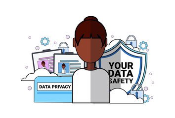 Poster - data safety shield support agent african woman portrait over synchronization General Data Protection Regulation GDPR server security guard on white background flat vector illustration