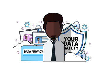 Poster - data safety shield support agent african man portrait over synchronization General Data Protection Regulation GDPR server security guard on white background flat vector illustration