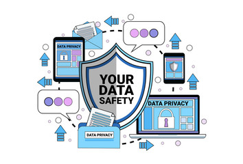 data safety cloud shield tablet padlock over synchronization General Data Protection Regulation GDPR server security guard on white background flat vector illustration