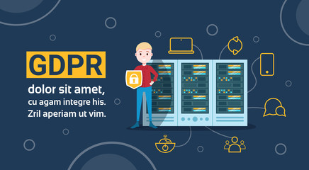 Poster - boy with shield on data storage center with hosting servers and staff over blue background, computer technology, network and database, internet center, communication support, flat design vector