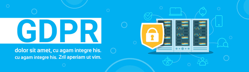 Poster - padlock shield on data storage center with hosting servers and staff over blue background, computer technology, network and database, internet center, communication support, copy space banner flat