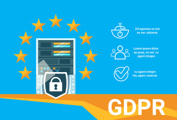 Poster - padlock shield stars infographic on data storage center with hosting servers and staff over blue background, computer technology, network and database, internet center, communication support, copy