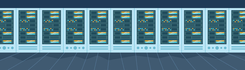 Poster - data storage center with hosting servers and staff, computer technology, network and database, internet center, communication support, flat design vector illustration
