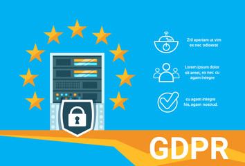 Poster - padlock shield stars infographic on data storage center with hosting servers and staff over blue background, computer technology, network and database, internet center, communication support, flat