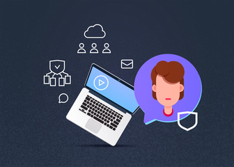 Poster - laptop chat woman bubbles, data privacy computing center with infographic, network and database, int