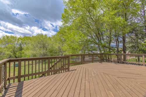 Fotografie, Obraz Wooden deck with cloudy skies and green trees