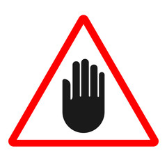 Poster - STOP sign. Black hand silhouette on triangle. Vector icon.