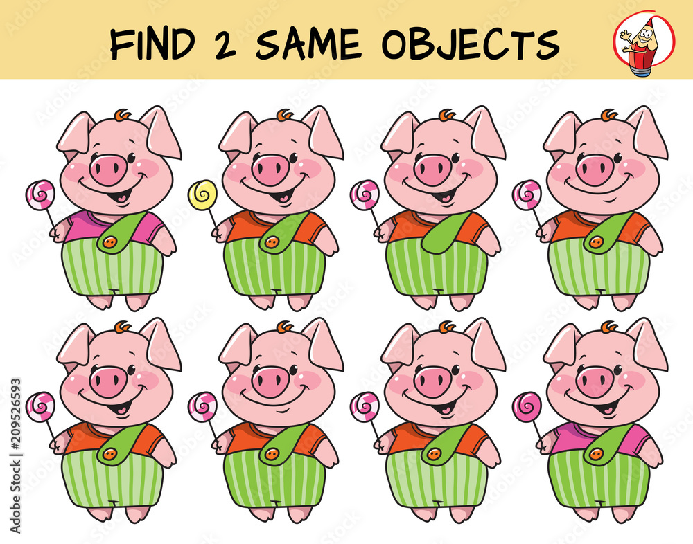 Funny little pig with lollipop. Find two same pictures. Educational ...
