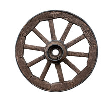 Old Wooden Wagon Wheel Isolated On White Background