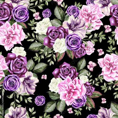 Bright watercolor flowers seamless pattern with roses, peony, petunia and but...