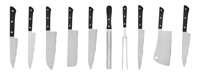 Set of steel kitchen knives, isolated on white background with clipping path. Chef knife