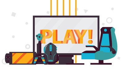 Vector scene with word play on computer monitor, video games accessories like player chair, gaming mouse, gamepad, joystick on white background