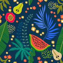 Floral Pattern With Tropical Fruits And Leaves.