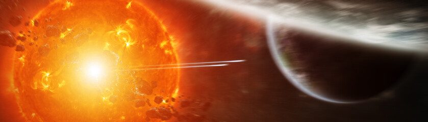 Wall Mural - exploding sun in space close to planet 3d rendering elements of this image furnished by nasa