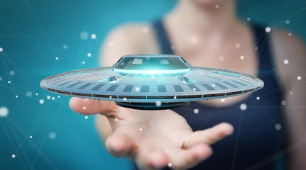 Poster - Businesswoman with retro UFO spaceship 3D rendering