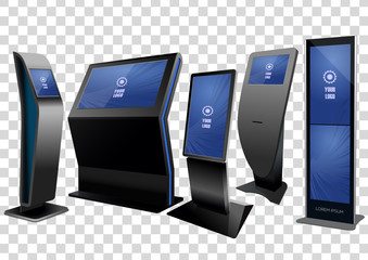Five Promotional Interactive Information Kiosk, Advertising Display, Terminal Stand, Touch Screen Display isolated on transparent background. Mock Up Template.