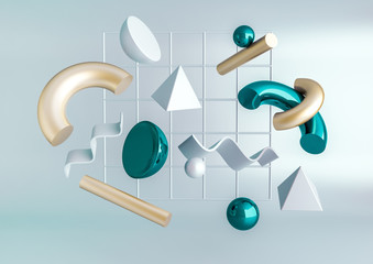 3d render realistic primitives composition. flying shapes in motion isolated on blue background. abs