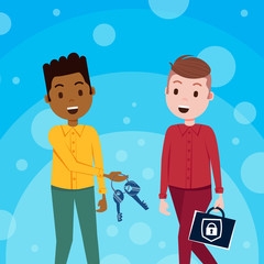 Poster - mix race boys relationships padlock keys security and protection General Data Protection Regulation GDPR concept flat vector illustration