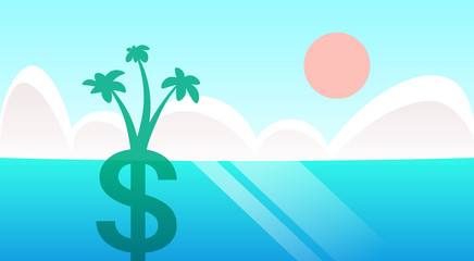 Poster - dollar palm tree grow in ocean sea landscape background offshore concept viruses data privacy attack internet information security flat vector illustration