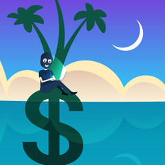 Poster - woman black mask laptop hacker attack dollar palm tree grow in ocean sea landscape background offshore concept viruses data privacy attack internet information security flat vector illustration