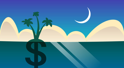 Poster - dollar palm tree grow in night ocean sea landscape background offshore concept viruses data privacy attack internet information security flat vector illustration