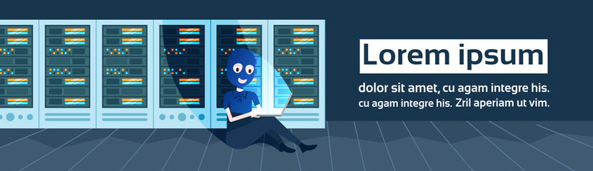Poster - girl black mask hacker attack data privacy over data storage center with hosting servers and staff, computer technology, network and database, internet center, communication support, flat copy space