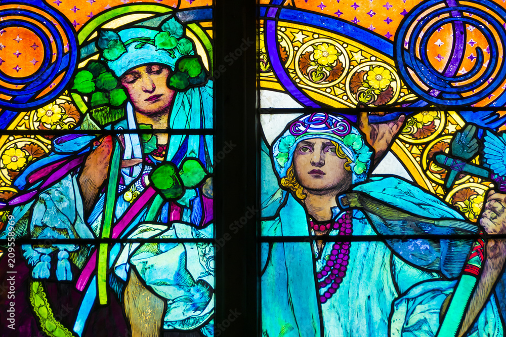 Detail of art nouveau stained glass window by Alfons Mucha, St