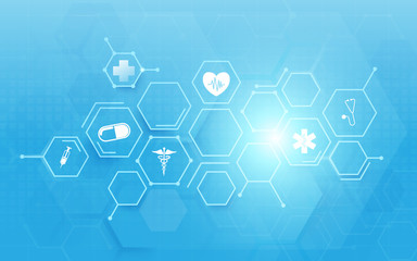 Medicine and science with abstract digital hi tech hexagons on blue background