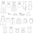 Hand drawn sketchy style clothing set. Fashion icon with thin line outline female clothes set. Dresses, hats, top and shirts, pants and skirts isolated on white background.