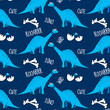 Vector pattern. Brontosaurus, funny cartoon dinosaurs, bones, and eggs with babys. Hand drawn vector doodle set for kids. Good for textiles, nursery, wallpapers, wrapping paper, clothes.
