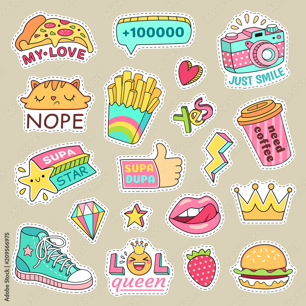 Teenage badge with fashion sneakers, food and camera vector isolated ...