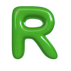 Glossy green paint letter R. 3D render of bubble font isolated on white background