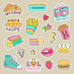 teenage badge with fashion sneakers, food and camera vector isolated stickers
