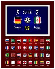 Aufkleber - Scoreboard of football match and square design national flags with metal frame on blue and red color gradient background . Vector for international world tournament cup 2018