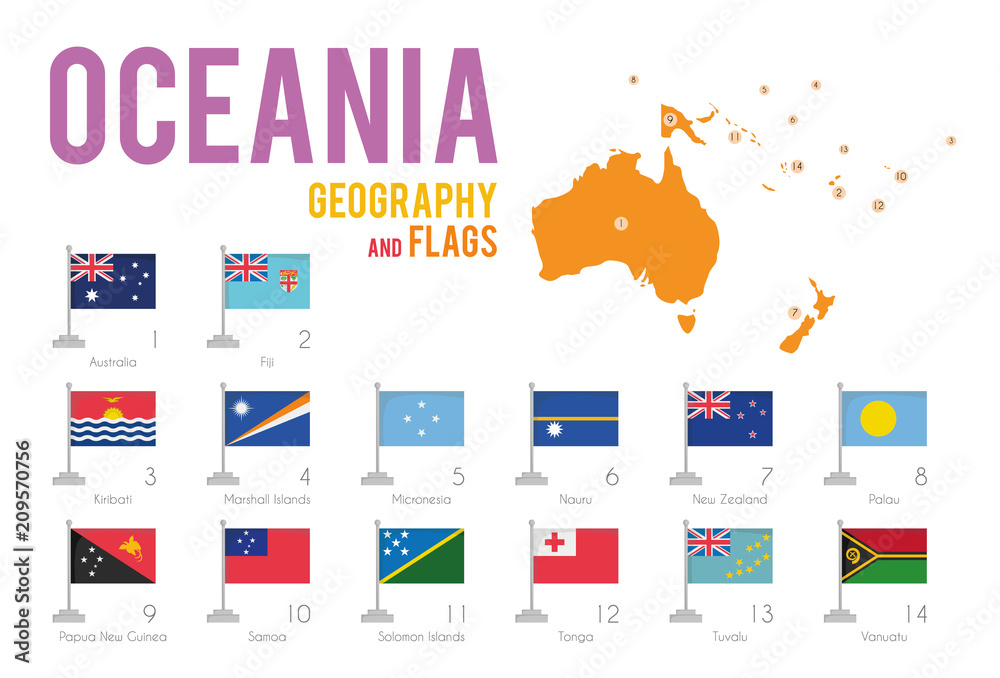 Set of 14 flags of Oceania isolated on white background and map of Oceania with countries situated on it. - obrazy, fototapety, plakaty 