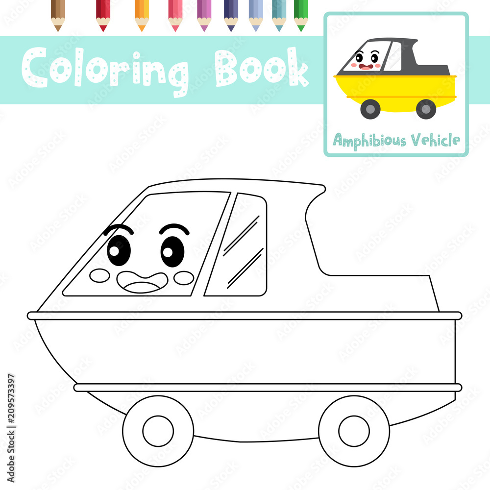 Coloring page of cute Amphibious Vehicle cartoon character side view ...