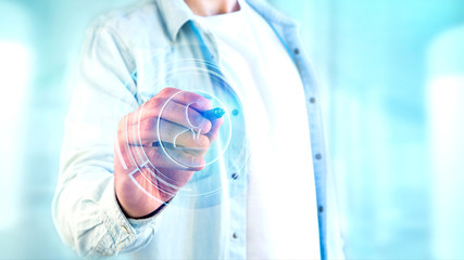 Poster - Businessman holding a Shinny technologic network contact button  - 3d render