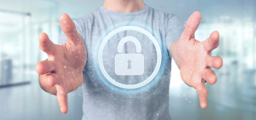 Poster - Man holding a padlock web security concept 3d rendering