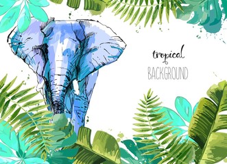 Wall Mural - Background with Tropical Leaves and elephant. Suitable for nature concept, safari, zoo and summer holiday. Vector Illustration.