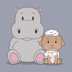 Wall Mural - cute and little sheep and hippo characters vector illustration design