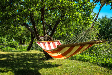 a striped hammock between two trees in a sunny green garden. concept for holidays, summer vacation a